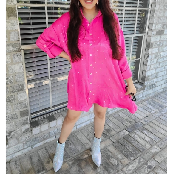 Rhinestone Pink Satin Shirt Dress - Picture 2 of 4